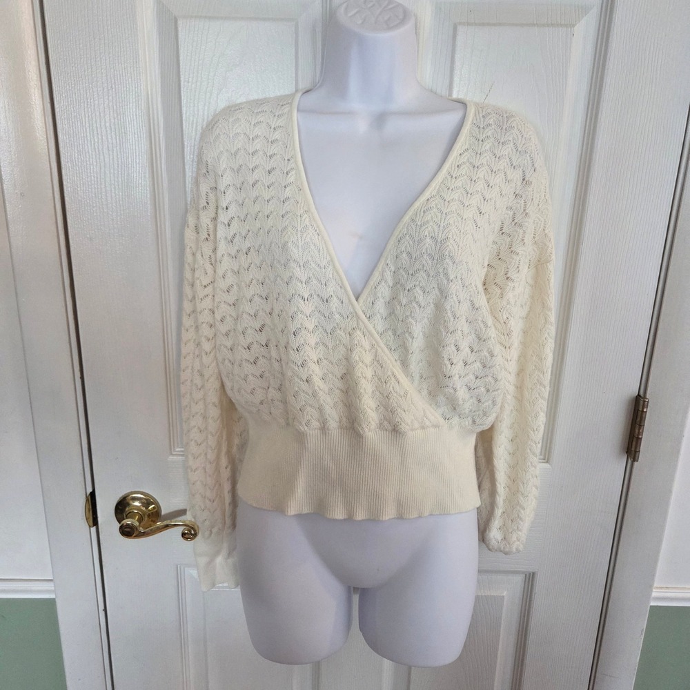 Wilfred Aritzia Ivory Pointelle Knit Wrap Sweater Merino Wool Cotton Blend Large